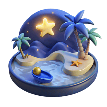 3D Render Night Beach Island Scene, Starry Sky, Palm Trees, Boat, Relaxing Tropical Getaway png