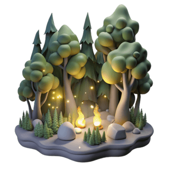 Enchanted 3D Forest Illustration Campfire Night Scene png