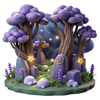 Enchanted 3D Forest Scene, Fantasy Nighttime Illustration, Magical Purple Trees, Glowing Flowers, Mystical Stones, Cartoon Style png