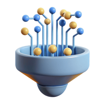 Abstract 3D Render of Network Connections in a Funnel, Blue and Yellow Spheres Representing Data Flow png