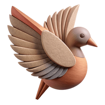 Wooden Bird 3D Illustration, Abstract Avian Design, Beige and Brown Tones, Layered Wings, Decorative Bird Figurine, Craft Style, Nature Inspired, Whimsical Animal, Digital Art, Stylized Bird png