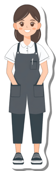 A smiling woman wearing a dark grey apron and white shirt png