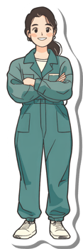 A Smiling Woman Wearing Teal Work Coveralls png