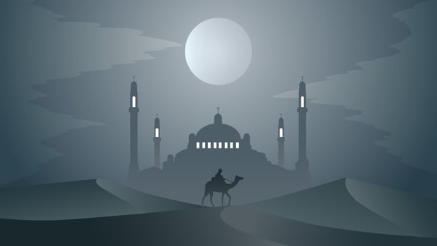 Man riding camel in desert night with mosque and crescent moon background, arabia desert landscape night view, gray silhouette illustration, Islam or Ramadan concept vector