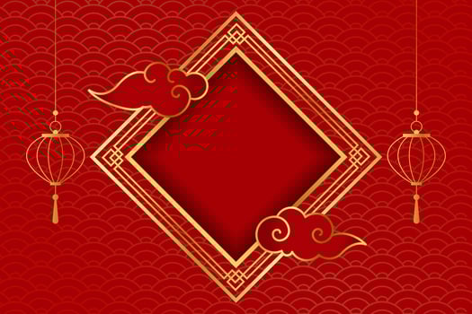 Happy Chinese new year. Chinese new year banner with rectangle for show product. Greeting card. China frame with lantern and cloud on red background. vector