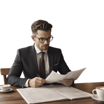 Businessman sitting at a wooden desk in a dark suit png