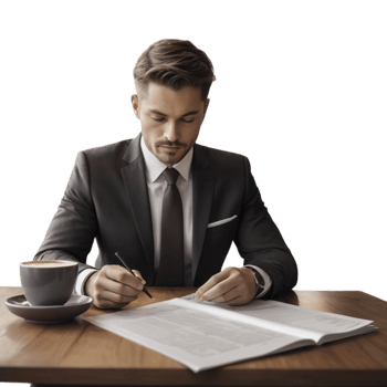 Businessman seated at a wooden desk, dressed in a dark suit png