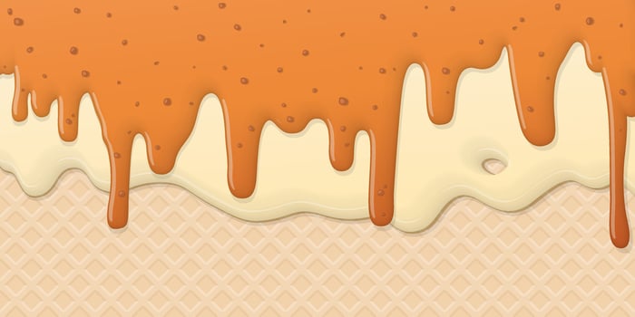 Salted caramel pouring on melted vanilla ice cream with ice cream cone texture background graphic illustration have blank space. vector