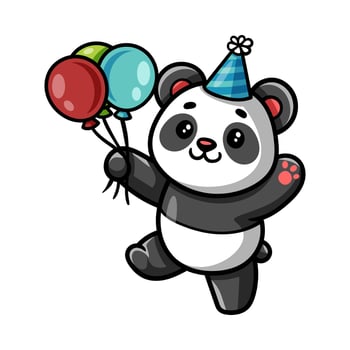 fun cute birthday panda hold balloons colored cartoon character isolated drawing line style sketch classic vintage design illustration vector