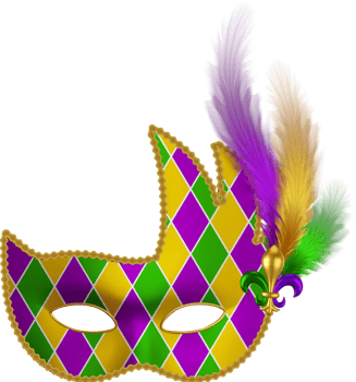 mardi gras mask with purple, green and yellow colors. carnival mask with mardi gras lily and colorful feathers png