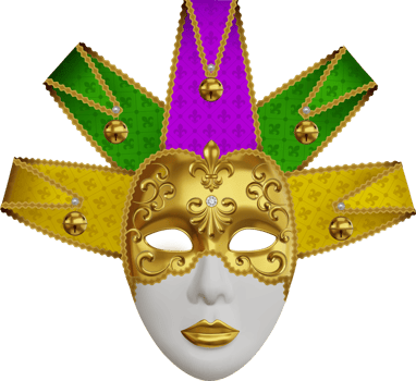 isolated jolly mask with gold decorations and mardi gras colors. mardi gras or carnival mask realistic illustration png