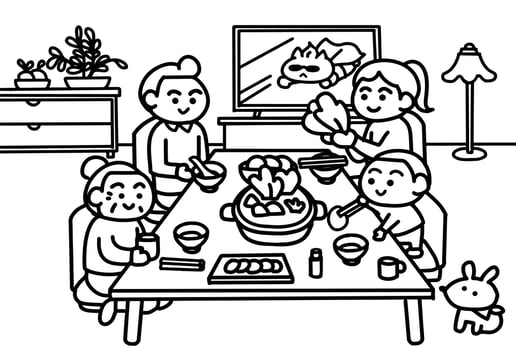 Family dinner together coloring pages style. vector