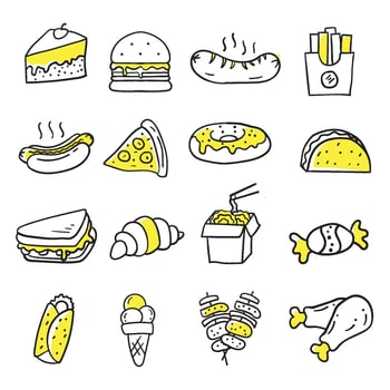 a set of food icons in yellow and black vector