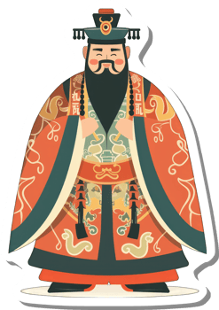 Illustrated depiction of a joyful Chinese deity in ornate robes png