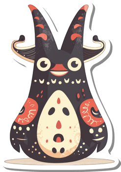 A whimsical cartoon creature with horns and ornate markings png