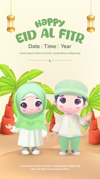 Vertical Eid Al Fitr illustration concept with 3d cute character vector