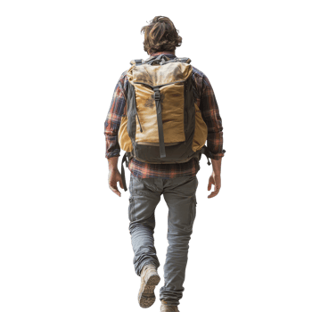 Male backpacker walking through a tranquil environment with a large backpack during daylight hours, male backpacker walking, back view, isolated transparent background png