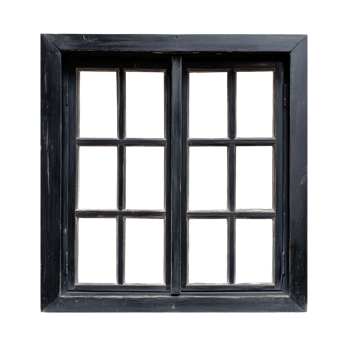 Elegant black vintage wooden window frame isolated on a clean transparent background, black vintage wooden house window frame isolated on transparent background png
