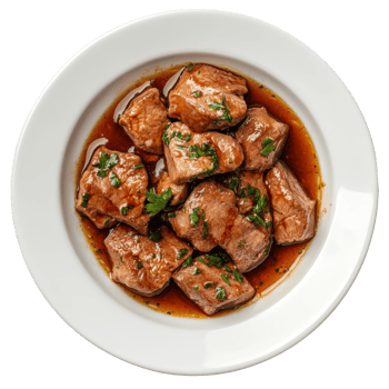 Deliciously tender veal slices served in rich sauce, perfect for a gourmet meal at home any time of the year, slices of veal cooked in a sauce dish top view isolated on transparent background png