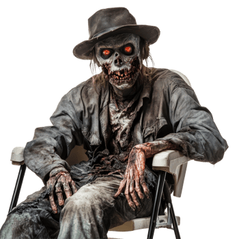 A menacing zombie in a hat sitting on a chair, showcasing its eerie features in a dimly lit environment, Scary zombie wearing hat and sitting in a chair on transparent background png