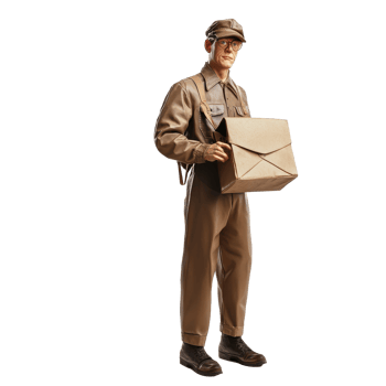 A mailman in a uniform holding a package stands against a transparent background during daylight, Mailman isolated on transparent background png