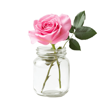 A delicate pink rose gracefully stands in a clear glass jar against a simple transparent background, Rose in a glass jar on transparent background. Rose flower glass jar transparent background png