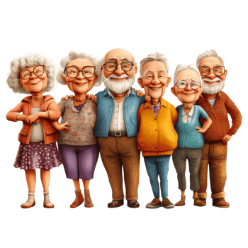 A joyful gathering of diverse elderly friends enjoying time together in a lively setting, diversified group of happy old people, file of isolated object on transparent background png