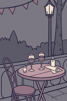 A softly lit dinner scene showcases elegant wine glasses on a rustic table. vector
