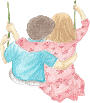 Couple Kids on Swing that are drawn and painted by hand in watercolor fine art style png