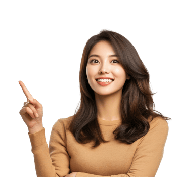 Smiling Asian woman pointing to the side with enthusiasm in a bright studio setting, Asian Smiling woman pointing finger to the side with copy space isolated transparent background png