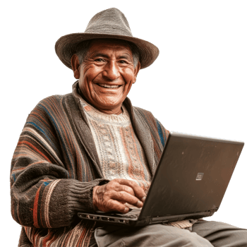 South American man joyfully using a laptop while wearing traditional attire and a hat, South American Man Enjoying Laptop Use png