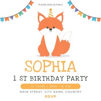 Greeting and invitation card for kids first Birthday party. Cute baby animal fox in flat childrens style. illustration, design for card, poster, event vector