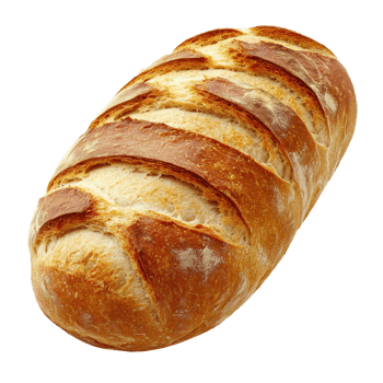 Freshly baked creamy bread loaf isolated on a clean surface, showcasing its golden crust and soft interior, Isolated freshly baked loaf of creamy bread png