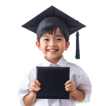 Happy Asian school kid proudly holding his graduation diploma in celebration of completing his studies, Happy Asian school kid graduate holding graduation cap isolated transparent background png