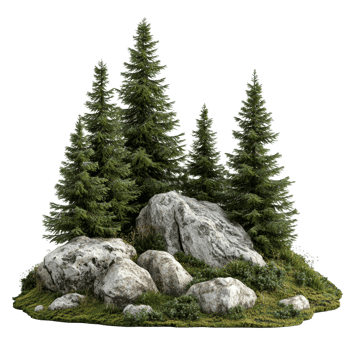 A tranquil spruce forest featuring rocks surrounded by lush greenery on an isolated patch of land, spruce forest with rocks, file of isolated object on transparent background png