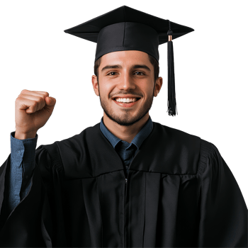 Proud male graduate celebrating achievement with raised fist against a plain transparent background, Hooray Male Graduate with Raised Fist on transparent background png