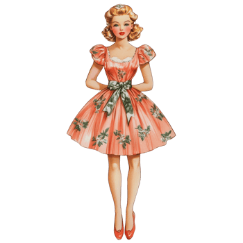 Charming vintage paper doll dressed in a floral pink gown with a bow from the mid20th century, This vintage paper doll exudes the charm of the 1950s era transparent or transparent background backdrop png
