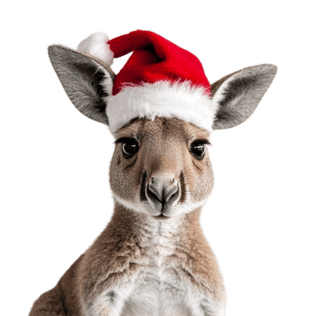 Kangaroo wearing a festive Christmas hat isolated against a clean transparent background for a joyful holiday vibe, Kangaroo wearing a christmas hat isolated on transparent background png