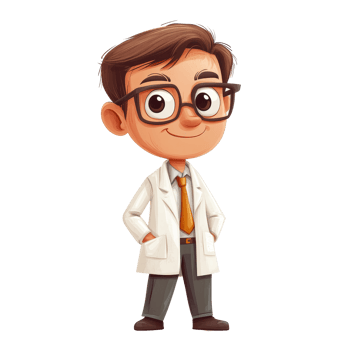 Friendly cartoon professor character in a lab coat smiling against a plain transparent background, Cartoon Professor Character on transparent background png