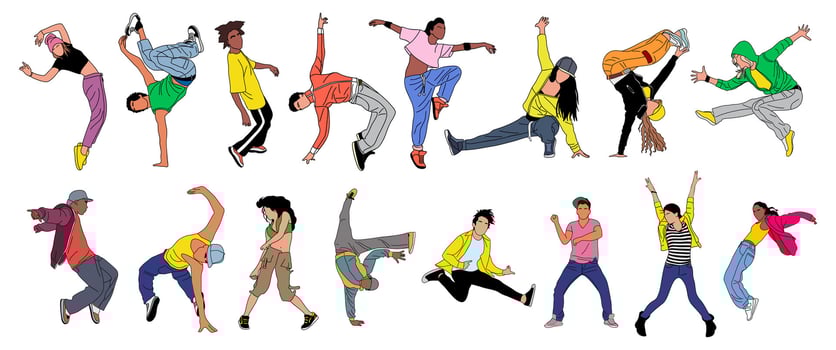 Young cool girl and boy dancing street dance in bright clothes. Korean japanese asian cartoon style. vector