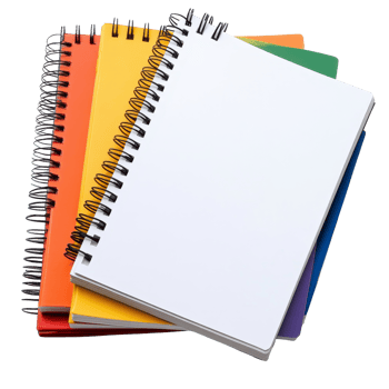 Colorful spiralbound paper notebooks stacked on a transparent background for office work and creative tasks, Paper notebooks for office work on transparent backgroundfile png