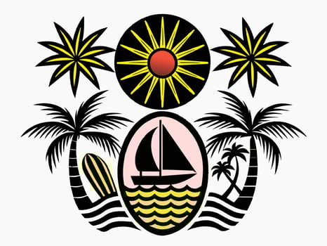 logos with palm trees, suns, waves, and sunset imagery clean shape vector