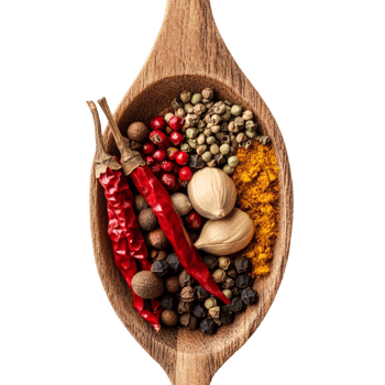 A wooden spoon brimming with an array of colorful spices and dried chilies in a cozy kitchen setting, Wooden Spoon filled with various spices png