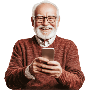 Smiling senior man wearing glasses holds a smartphone while posing brightly and joyfully at home, Smiling Senior Man with Phone on transparent background png
