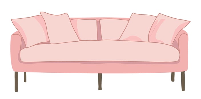 Stylish comfortable pink sofa flat illustration. Modern fabric couch with pillows isolated on white background. vector