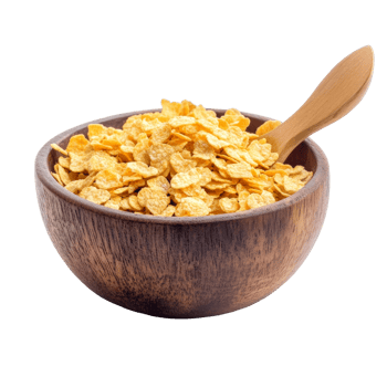 Corn flakes in a wooden bowl with a spoon on a transparent background, perfect for a healthy breakfast or snack any time of day, corn flakes in wood bowl and spoon isolated on transparent background png