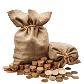 Wealth accumulation with burlap bags and coins scattered on a clean transparent surface, Wealth Accumulation Money Bags and Coins on transparent background png