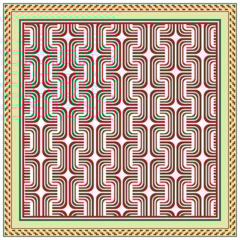 Square abstract print scarf Red, white, and green wavy geometric pattern with a decorative border. vector