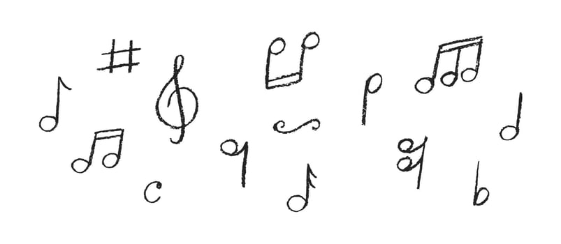 Crayon textured music notes set. Doodle chalk or pastel illustration. vector