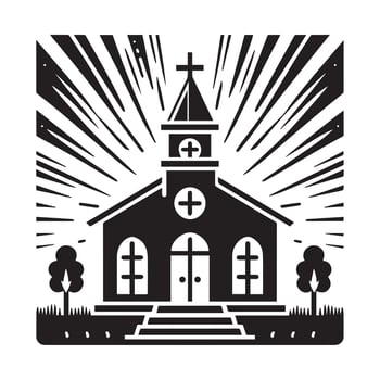 A stylized, black and white graphic of a church building encircled by a laurel wreath. vector
